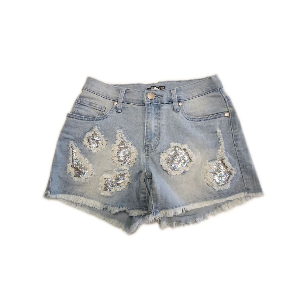 VENUS (Fame) Light Blue Wash 3" Denim Shorts, Distressed W Sequin Patches, 2